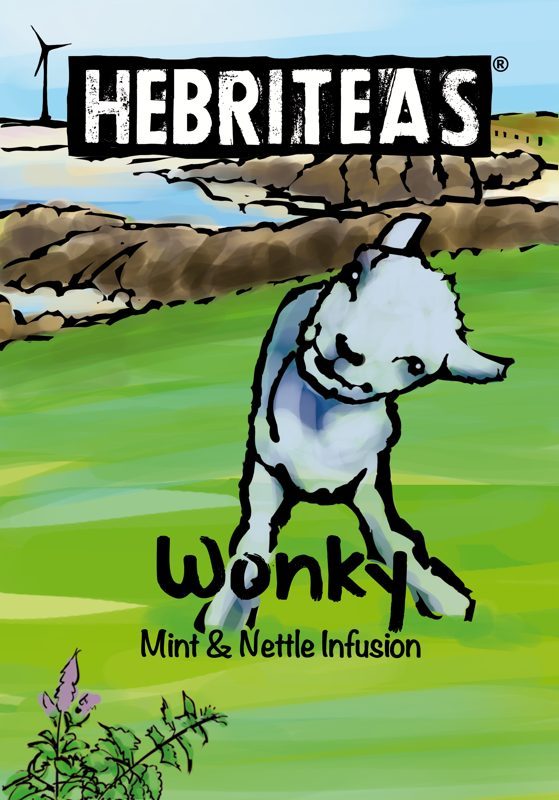 The Wonky label: Wonky the lamb in a Tiree field, head on one side