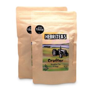 Crofter breakfast tea: a pouch of 10 teabags in front of a pouch of 20